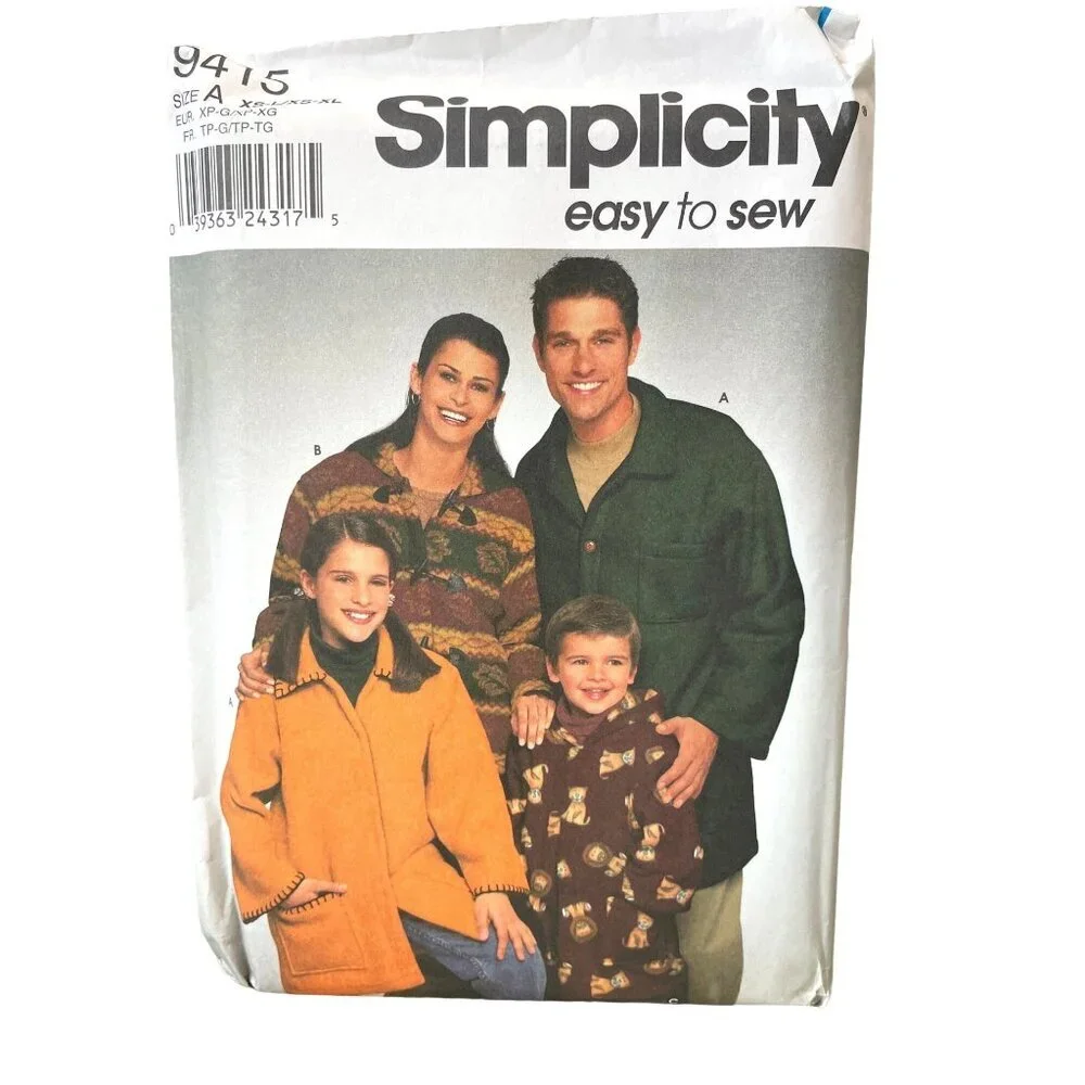 Simplicity Sewing‎ Pattern 9415 Jackets Unisex Adult Teen Childs Sizes XS-XL